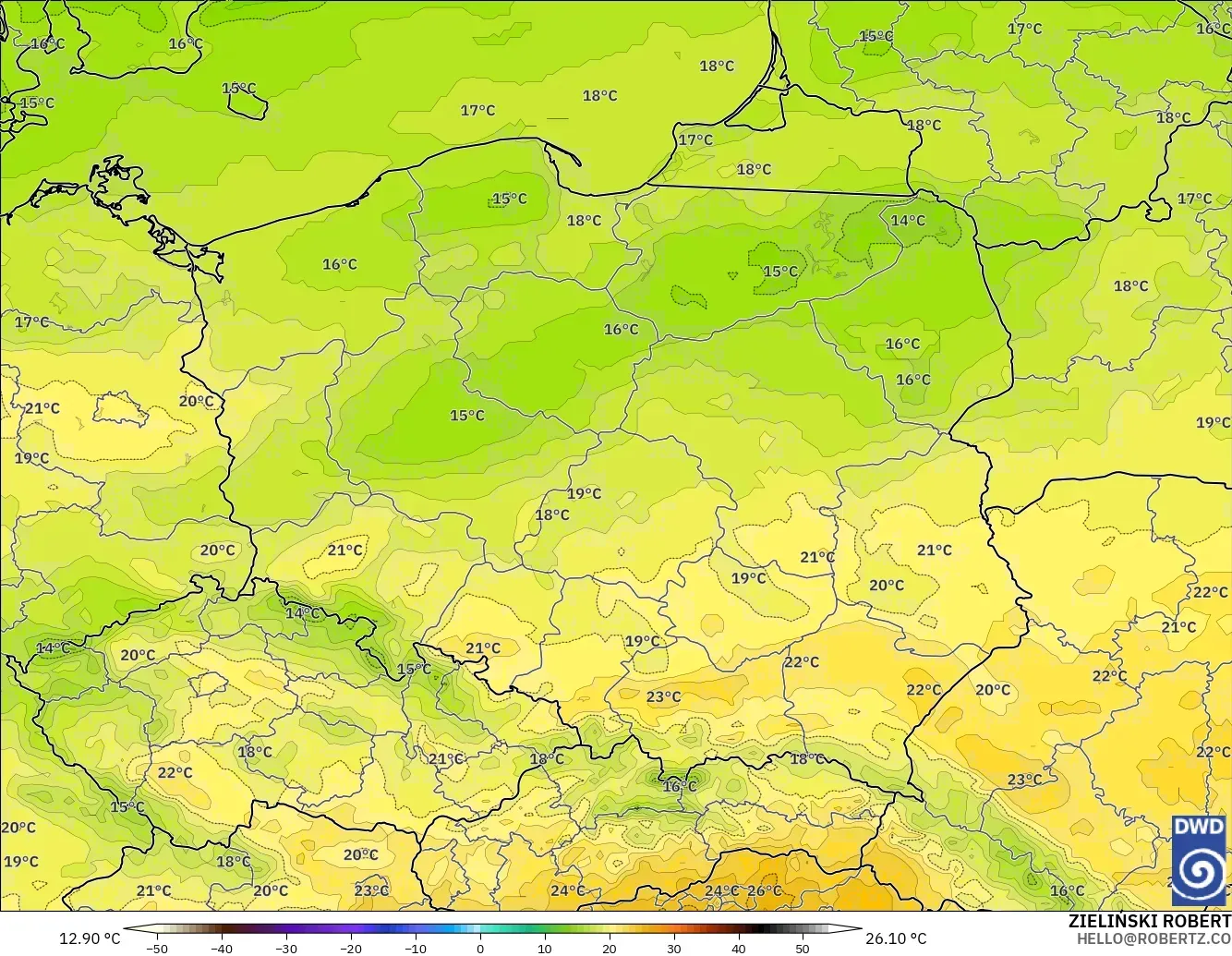 ICON modelo - Polônia, Temperatura a 2 m