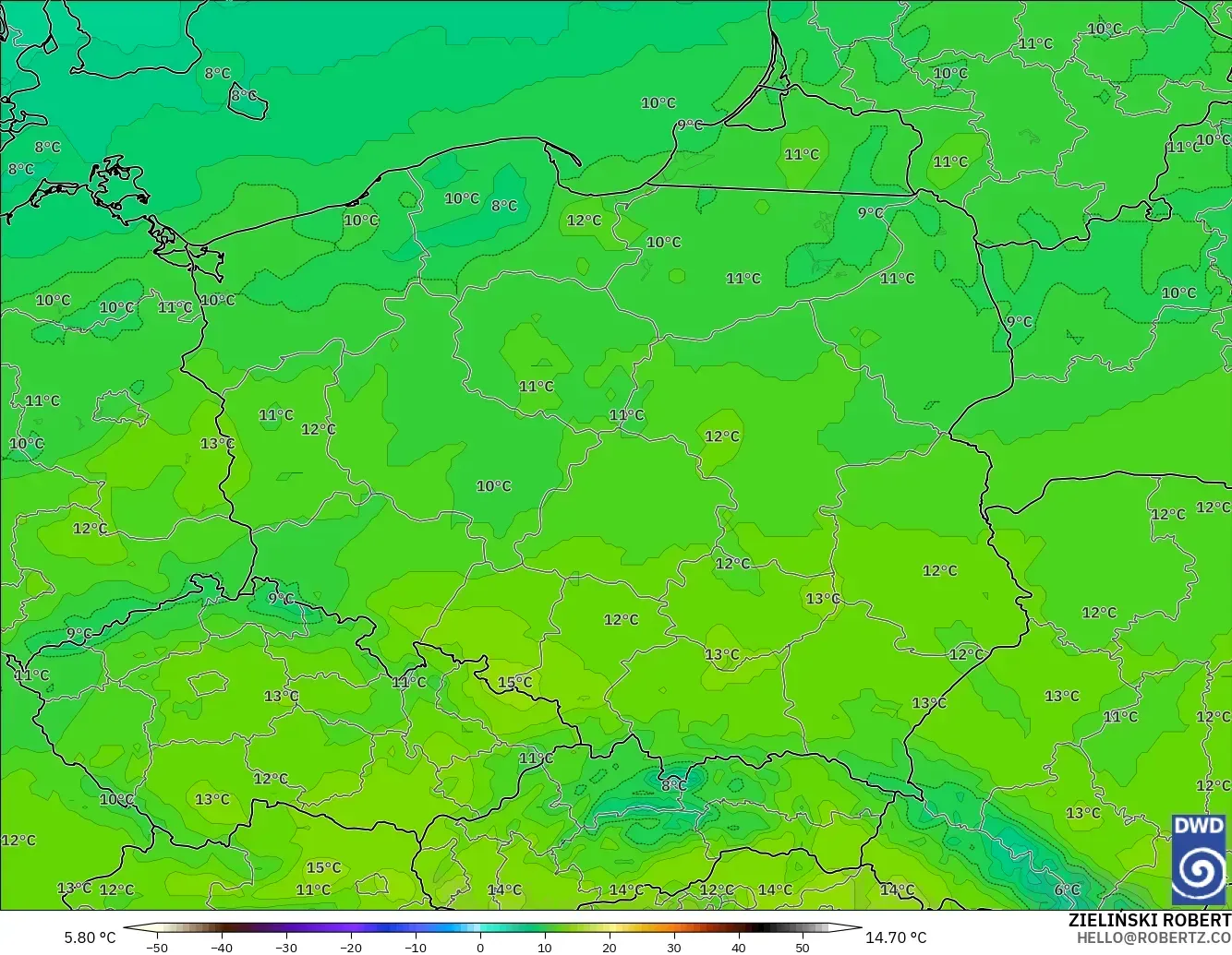ICON modelo - Polônia, Temperatura a 850 hPa