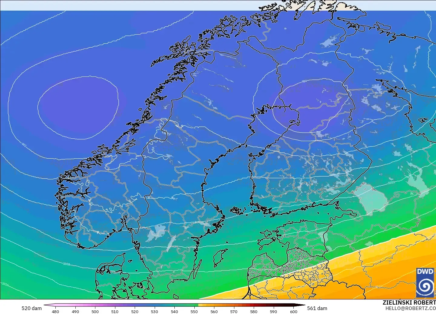 ICON modelo - Escandinávia, Altura geopotencial a 500 hPa
