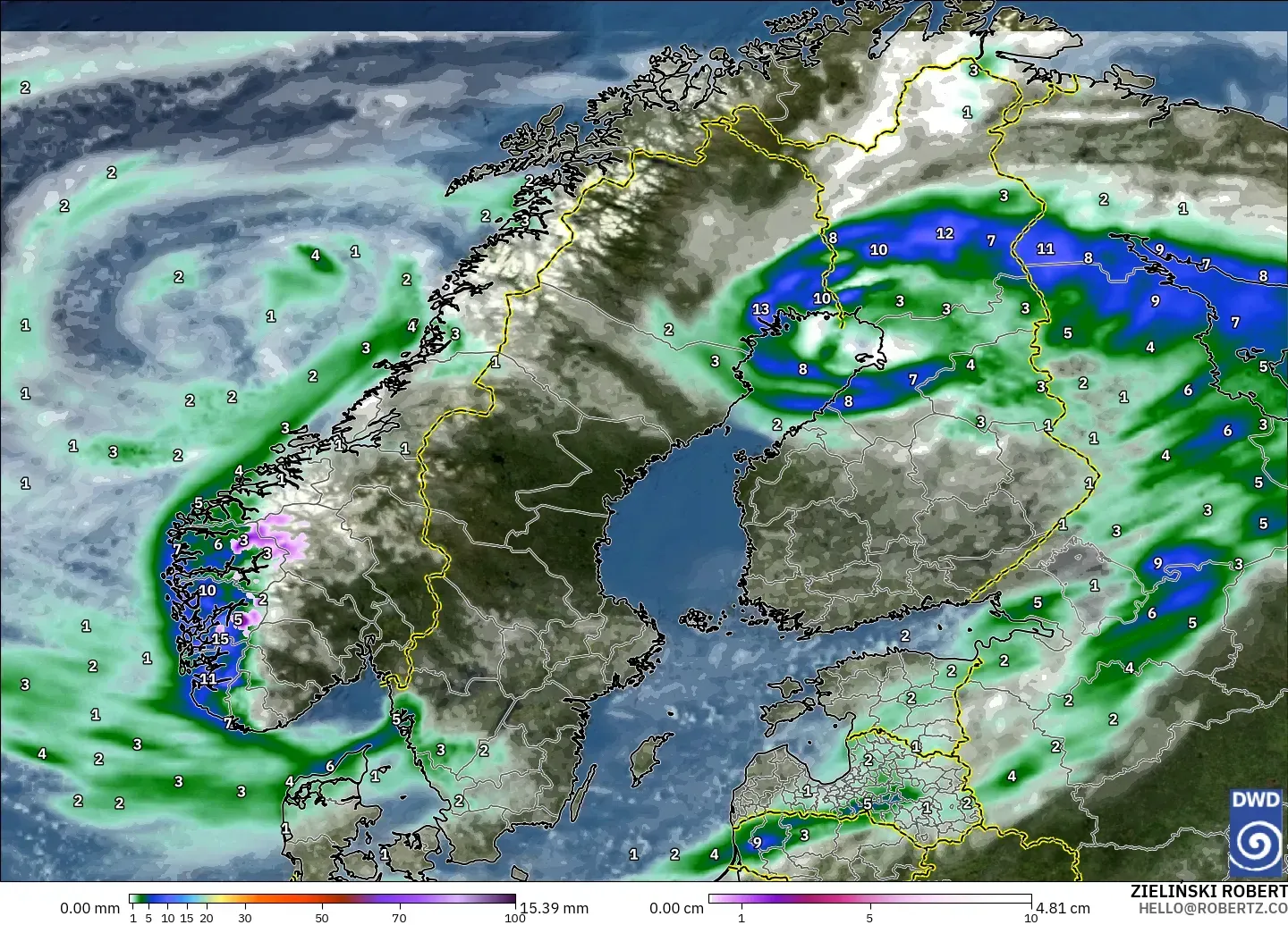 ICON modelo - Escandinávia, Precipitação, nuvens e pressão