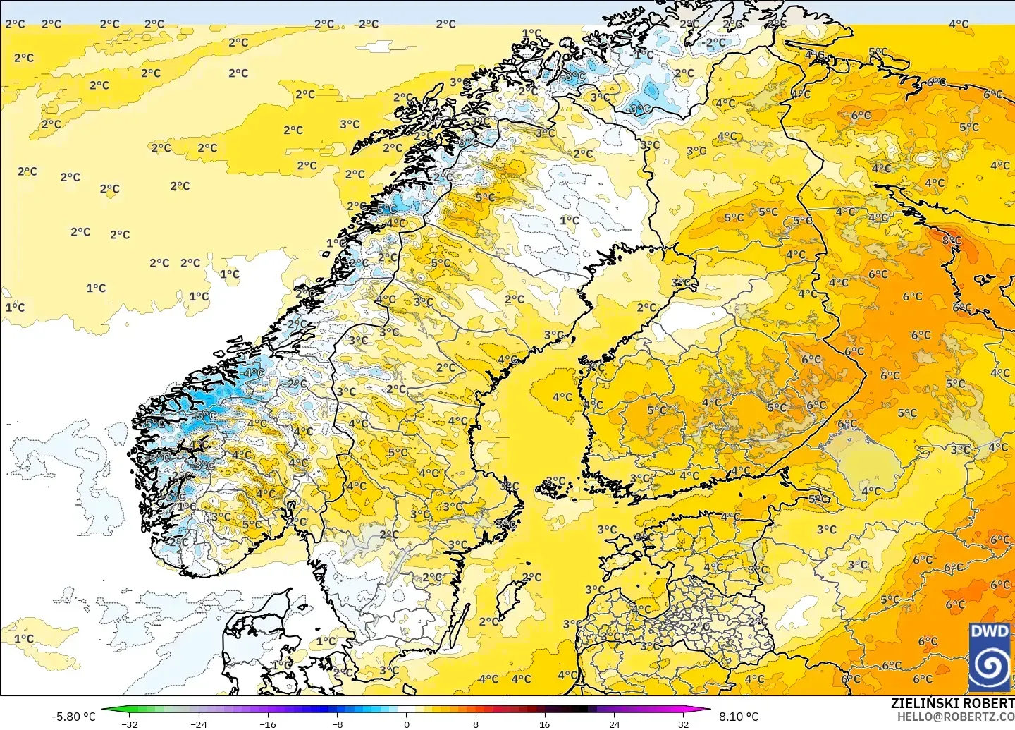 ICON modelo - Escandinávia, Anomalia de temperatura a 2 m