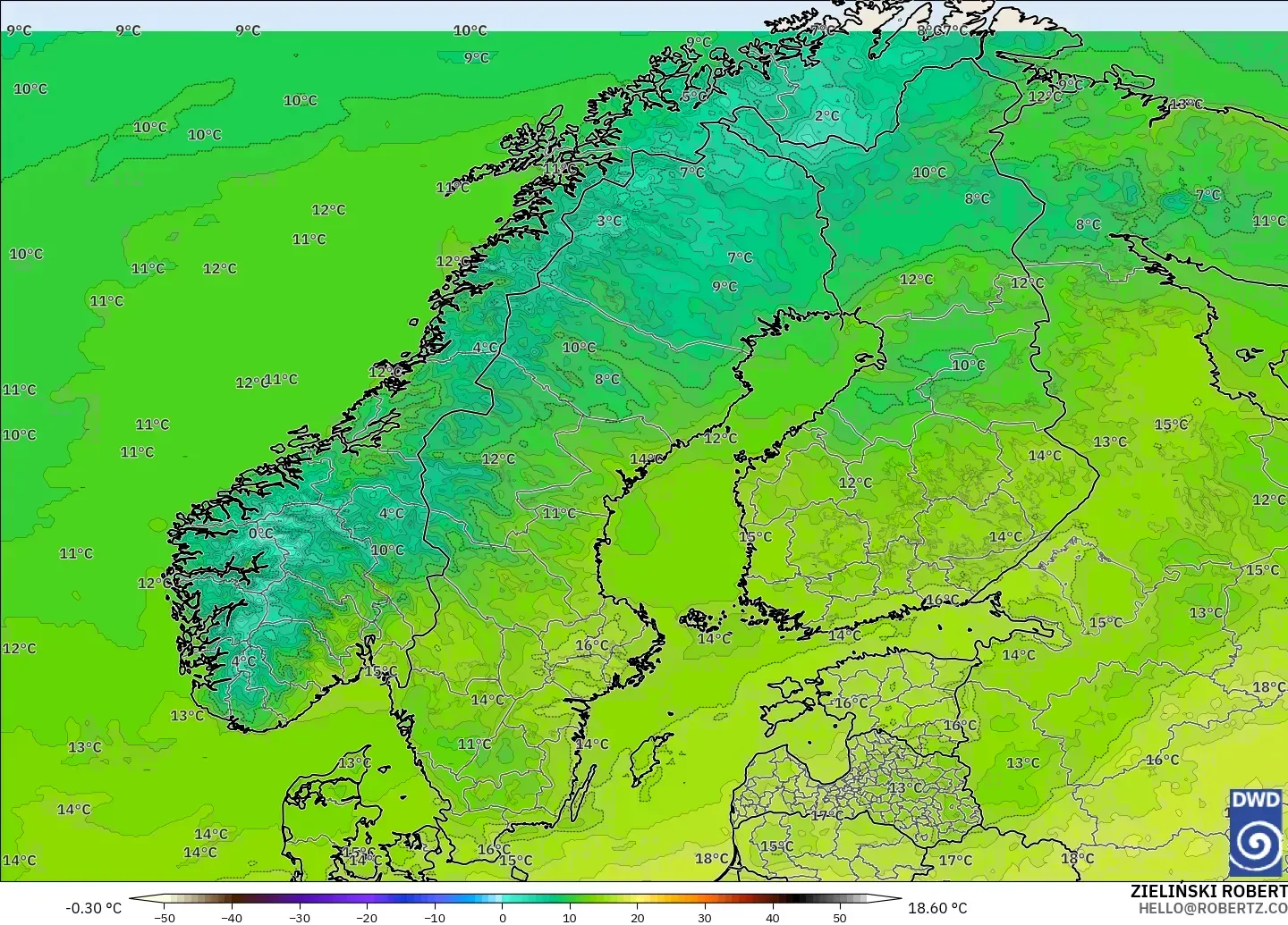 ICON modelo - Escandinávia, Temperatura a 2 m