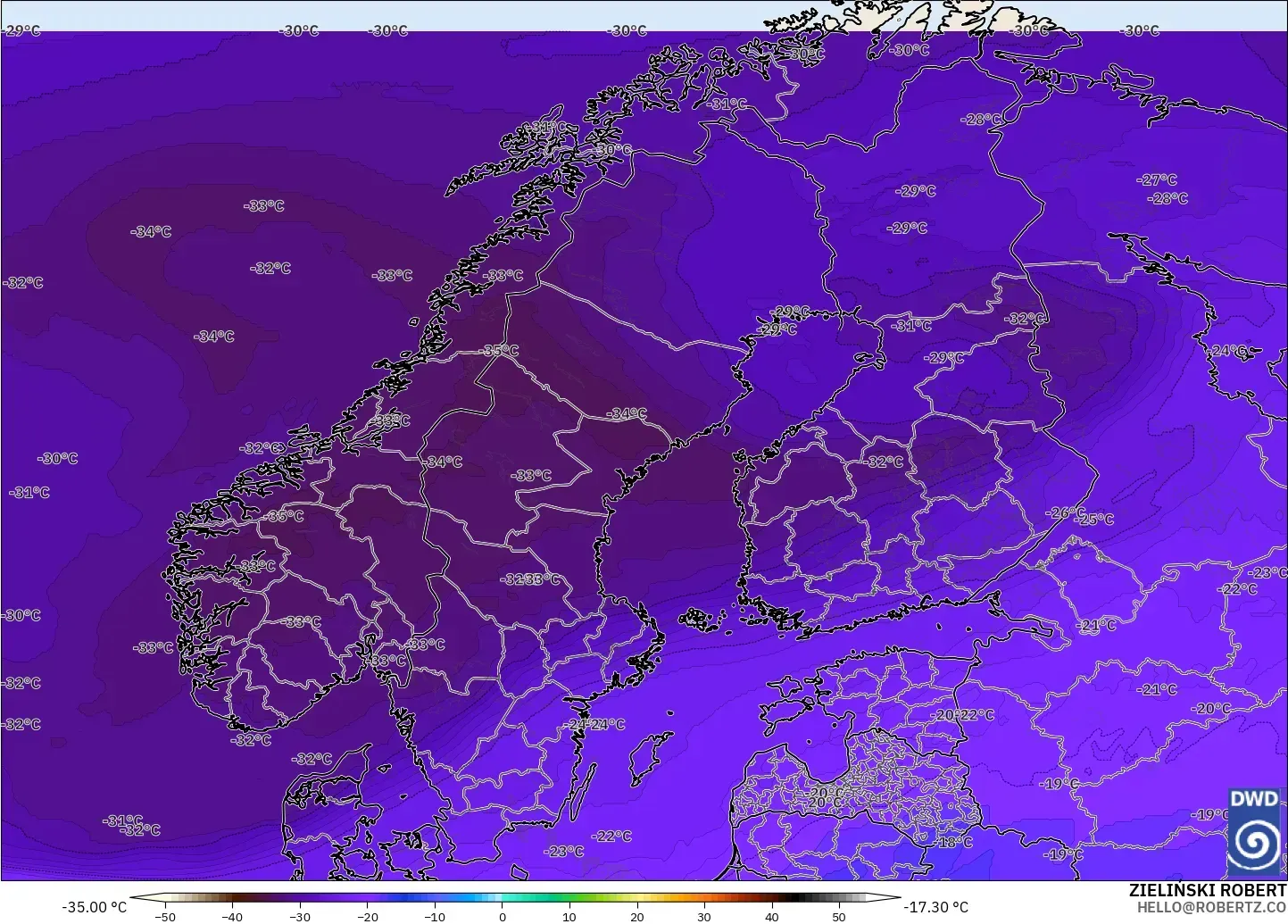 ICON modelo - Escandinávia, Temperatura a 500 hPa