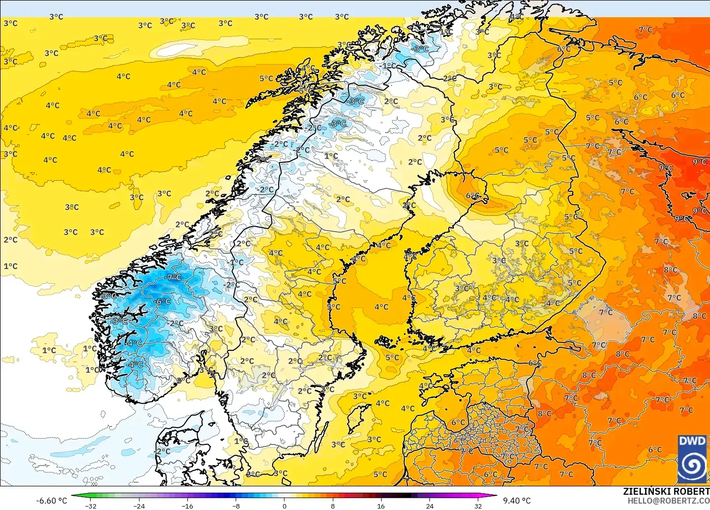 ICON modelo - Escandinávia, Anomalia de temperatura a 850 hPa