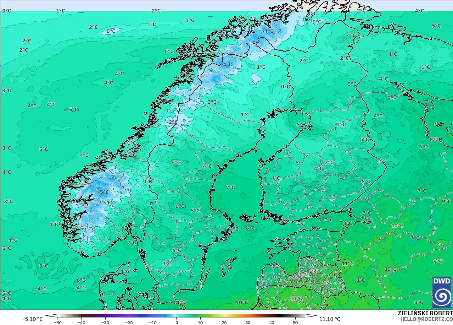 ICON modelo - Escandinávia, Temperatura a 850 hPa