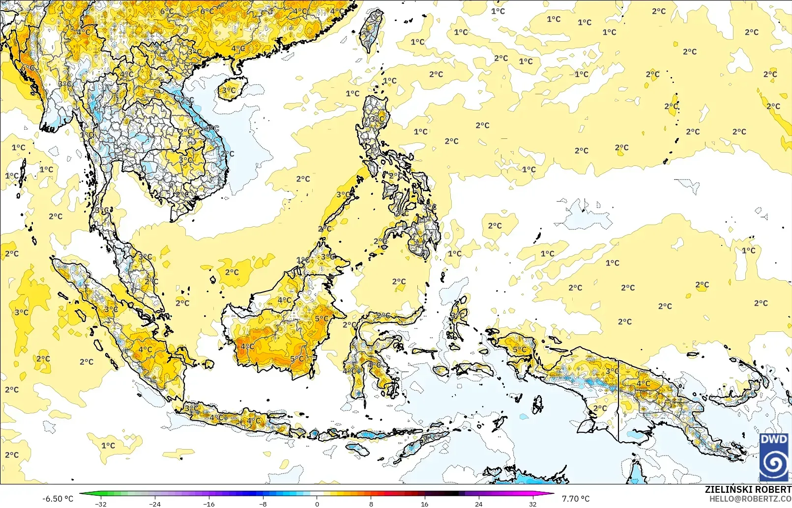 ICON modelo - Sudeste Asiático, Anomalia de temperatura a 2 m