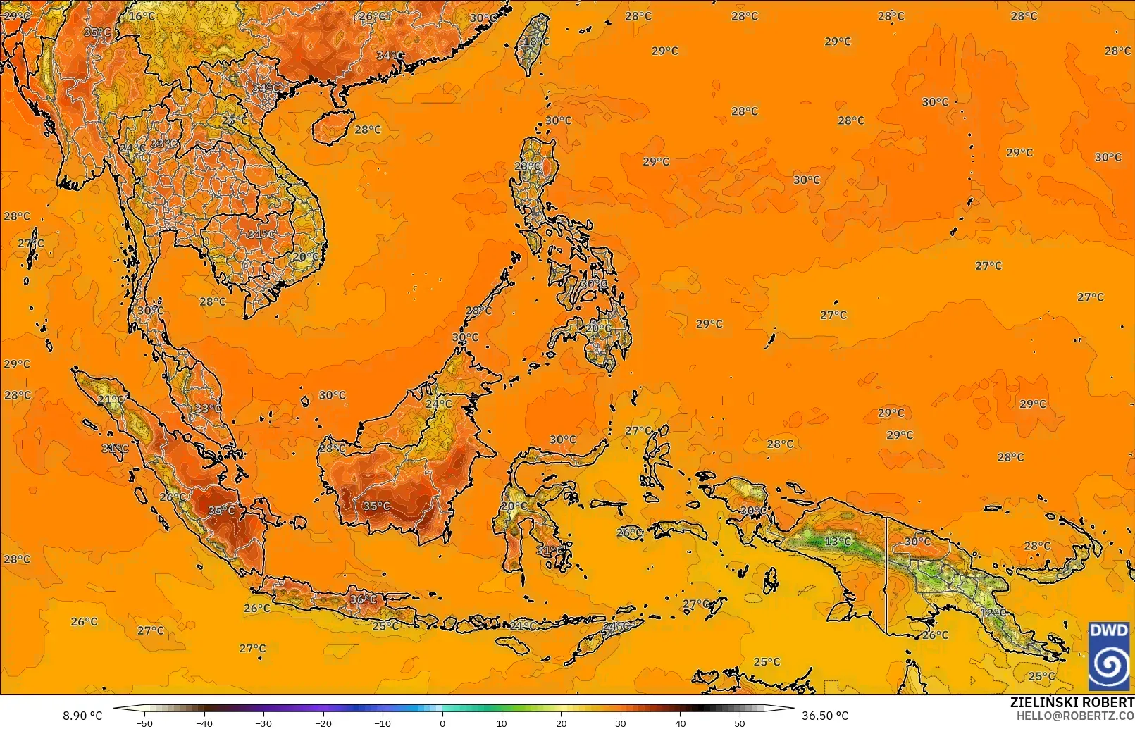 ICON modelo - Sudeste Asiático, Temperatura a 2 m