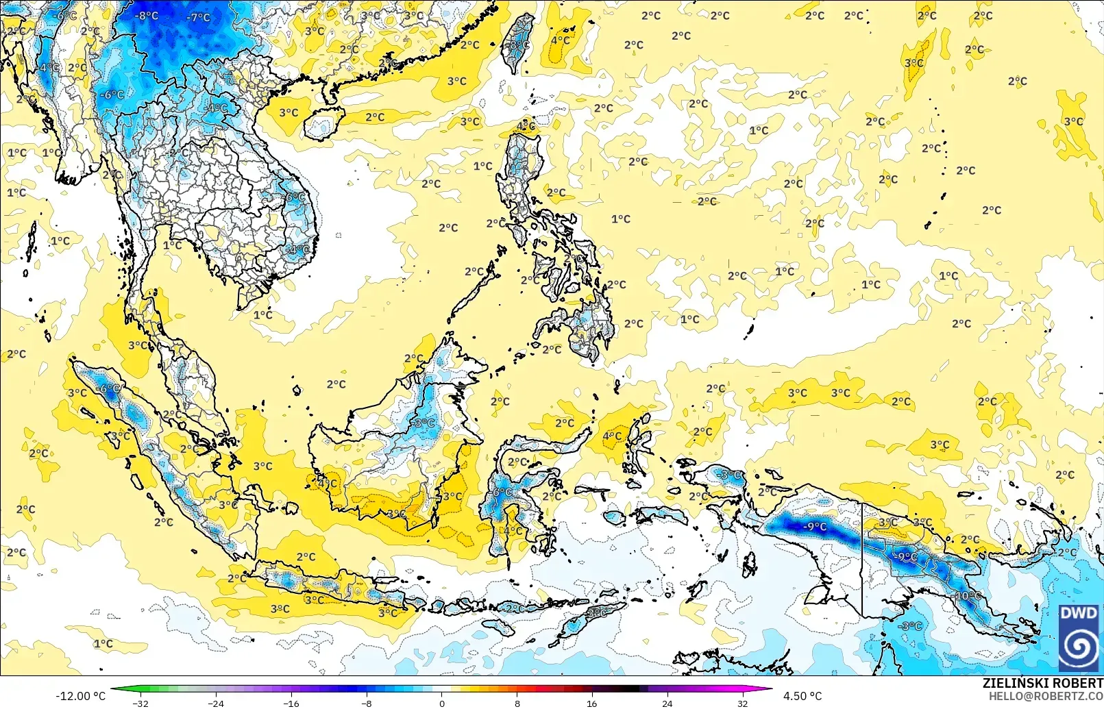 ICON modelo - Sudeste Asiático, Anomalia de temperatura a 850 hPa
