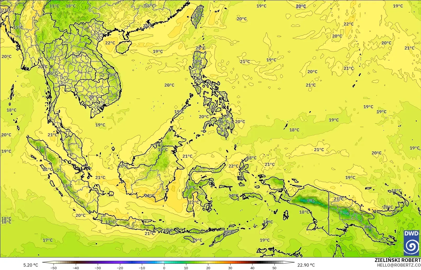 ICON modelo - Sudeste Asiático, Temperatura a 850 hPa