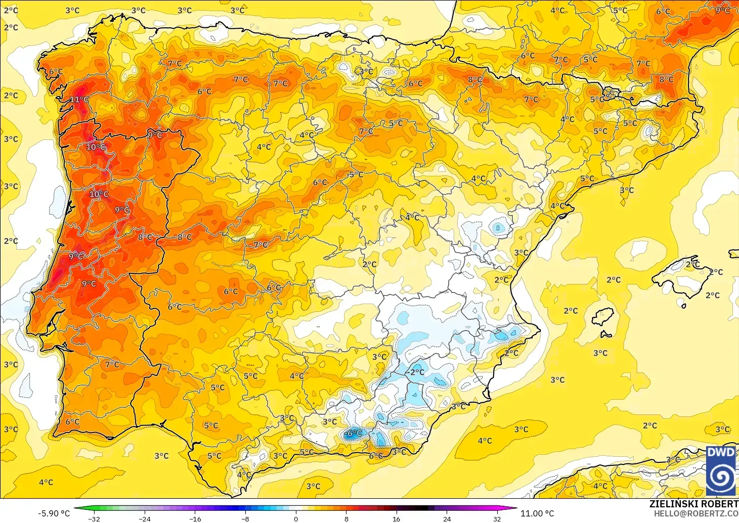 ICON modelo - Espanha, Anomalia de temperatura a 2 m