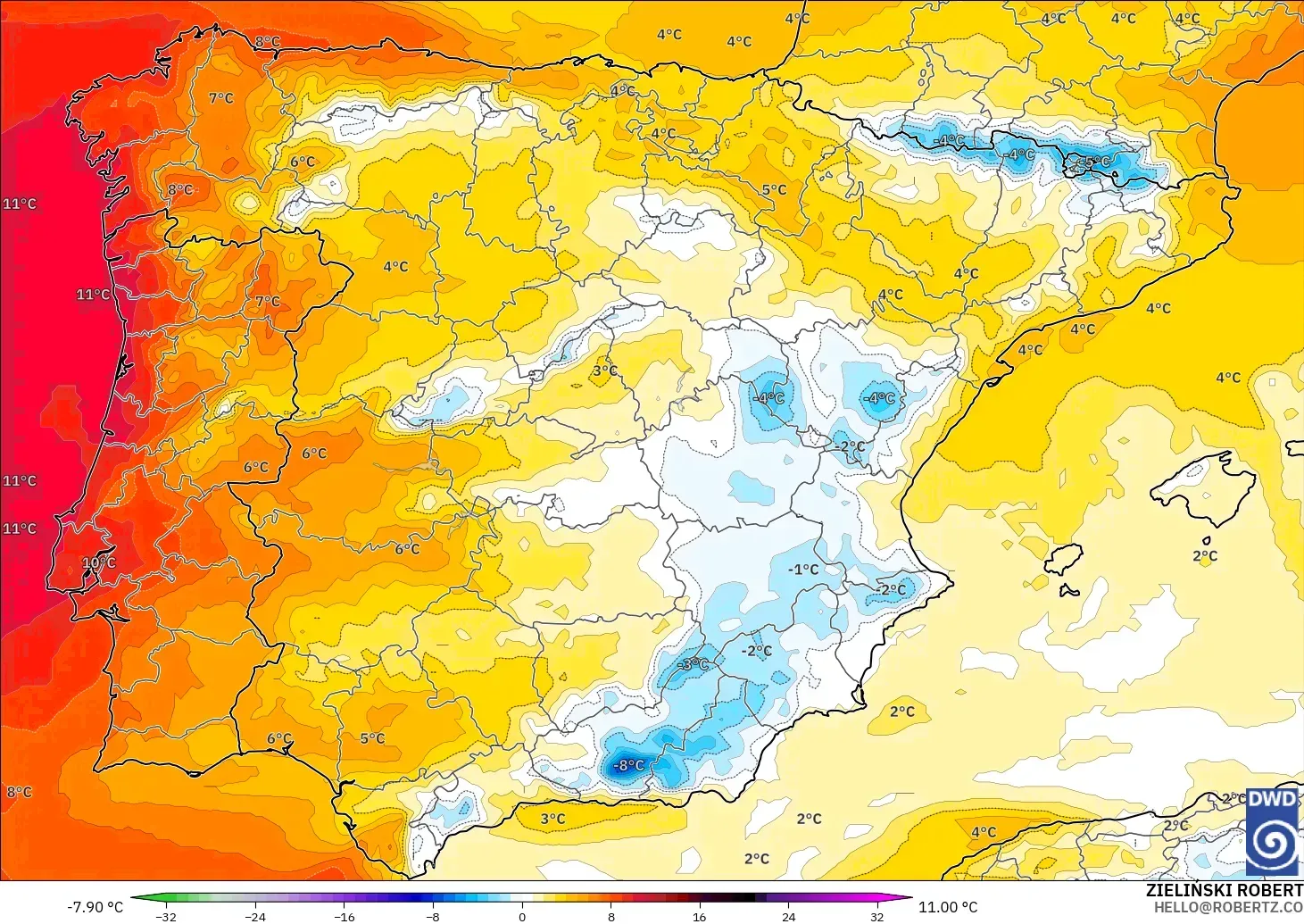 ICON modelo - Espanha, Anomalia de temperatura a 850 hPa