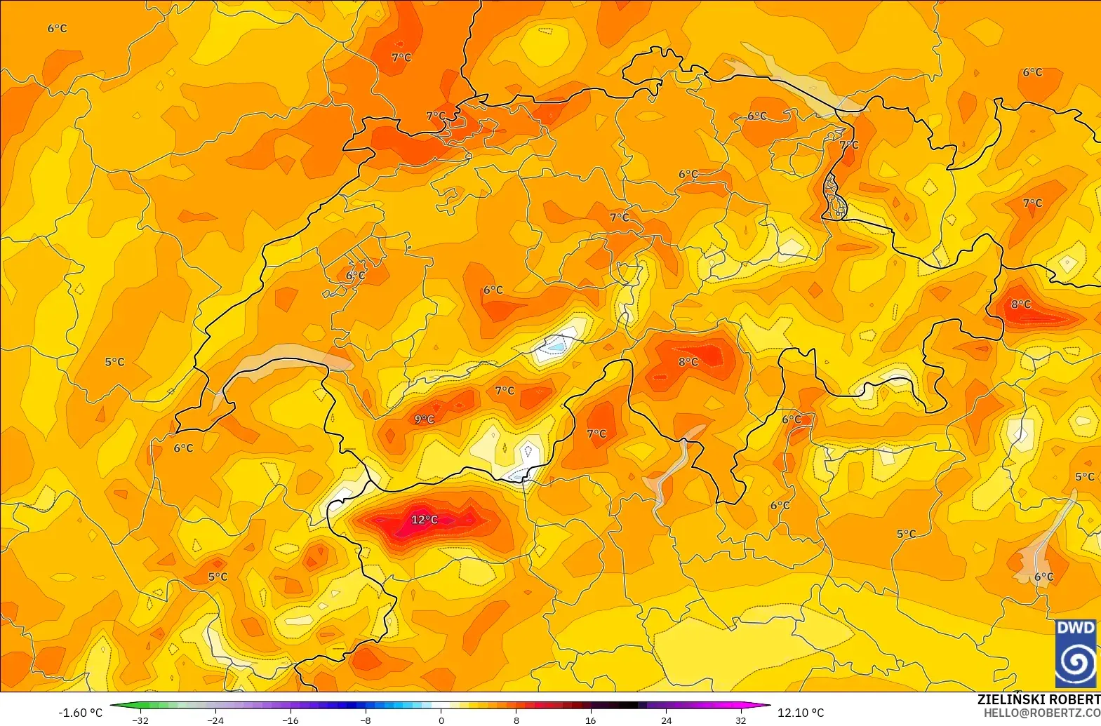 ICON modelo - Suíça, Anomalia de temperatura a 2 m
