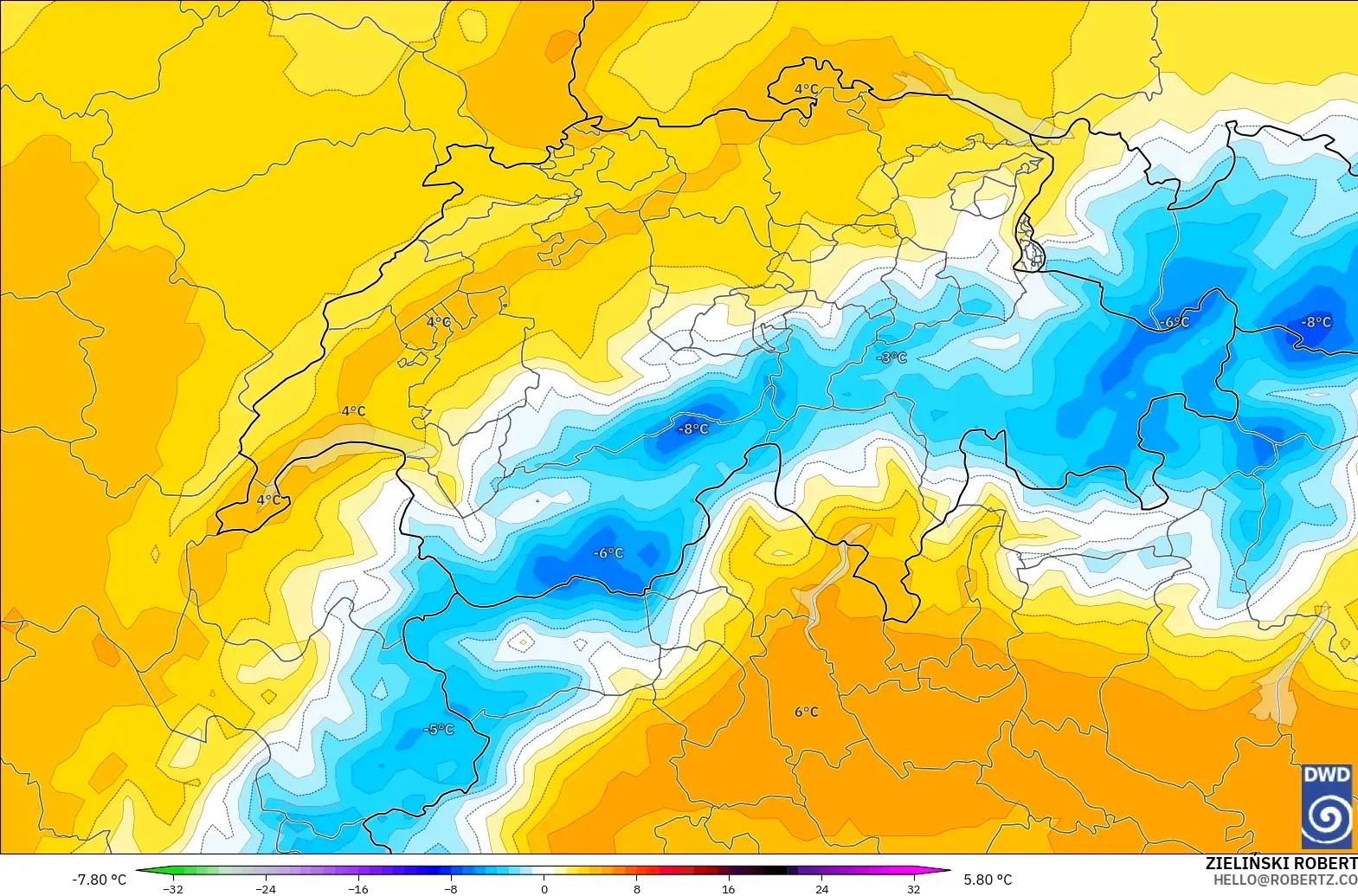 ICON modelo - Suíça, Anomalia de temperatura a 850 hPa