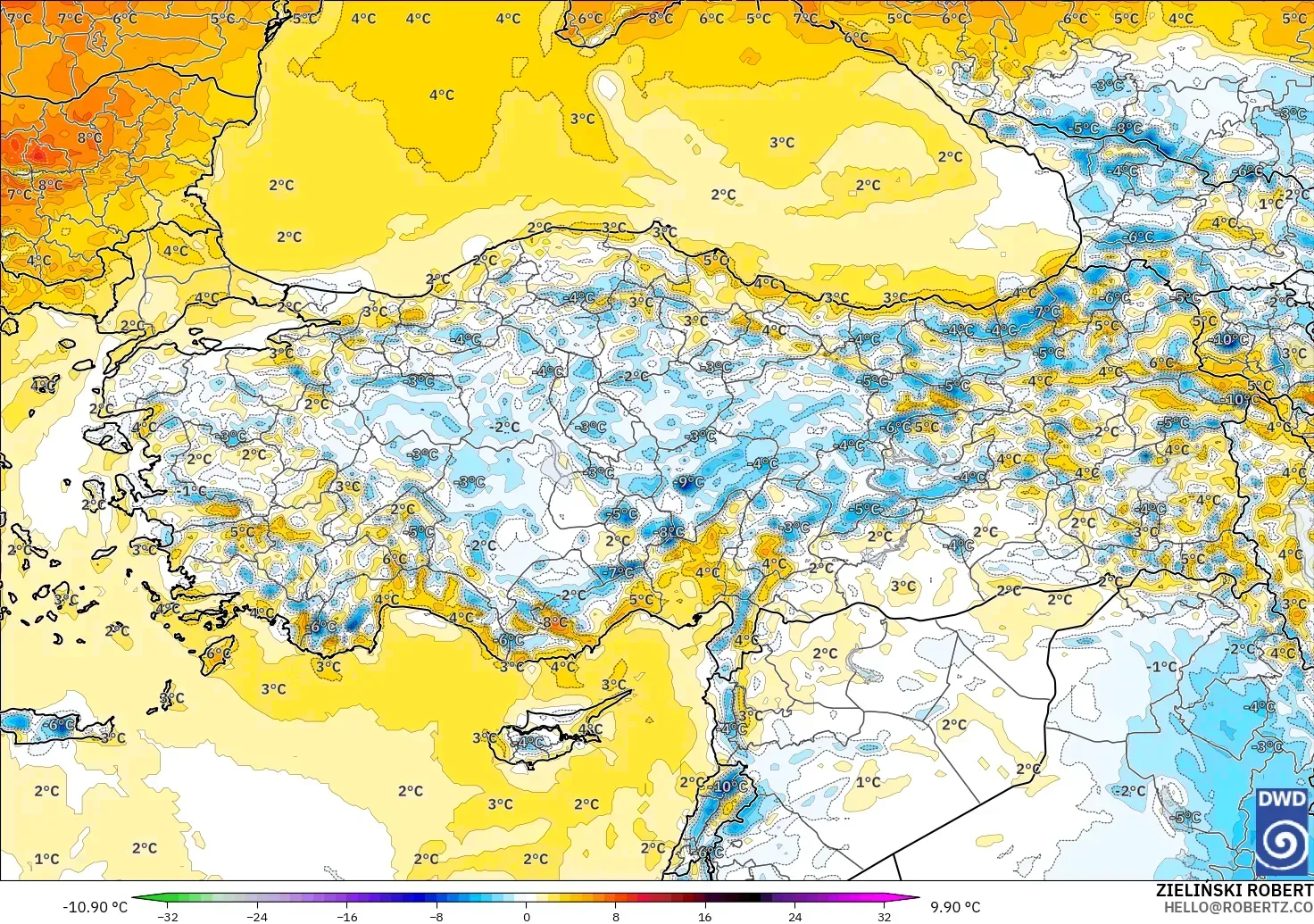 ICON modelo - Turquia, Anomalia de temperatura a 2 m