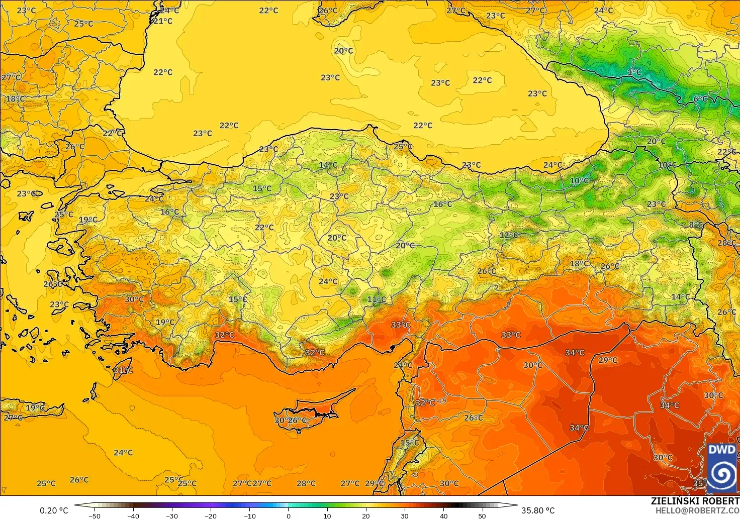 ICON modelo - Turquia, Temperatura a 2 m