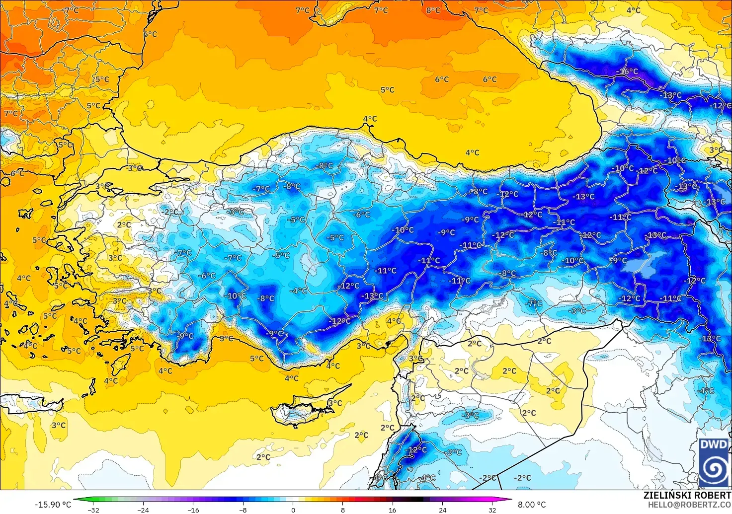 ICON modelo - Turquia, Anomalia de temperatura a 850 hPa