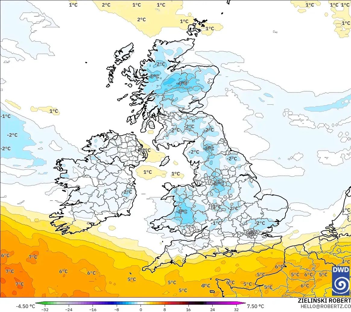 ICON modelo - Reino Unido, Anomalia de temperatura a 850 hPa