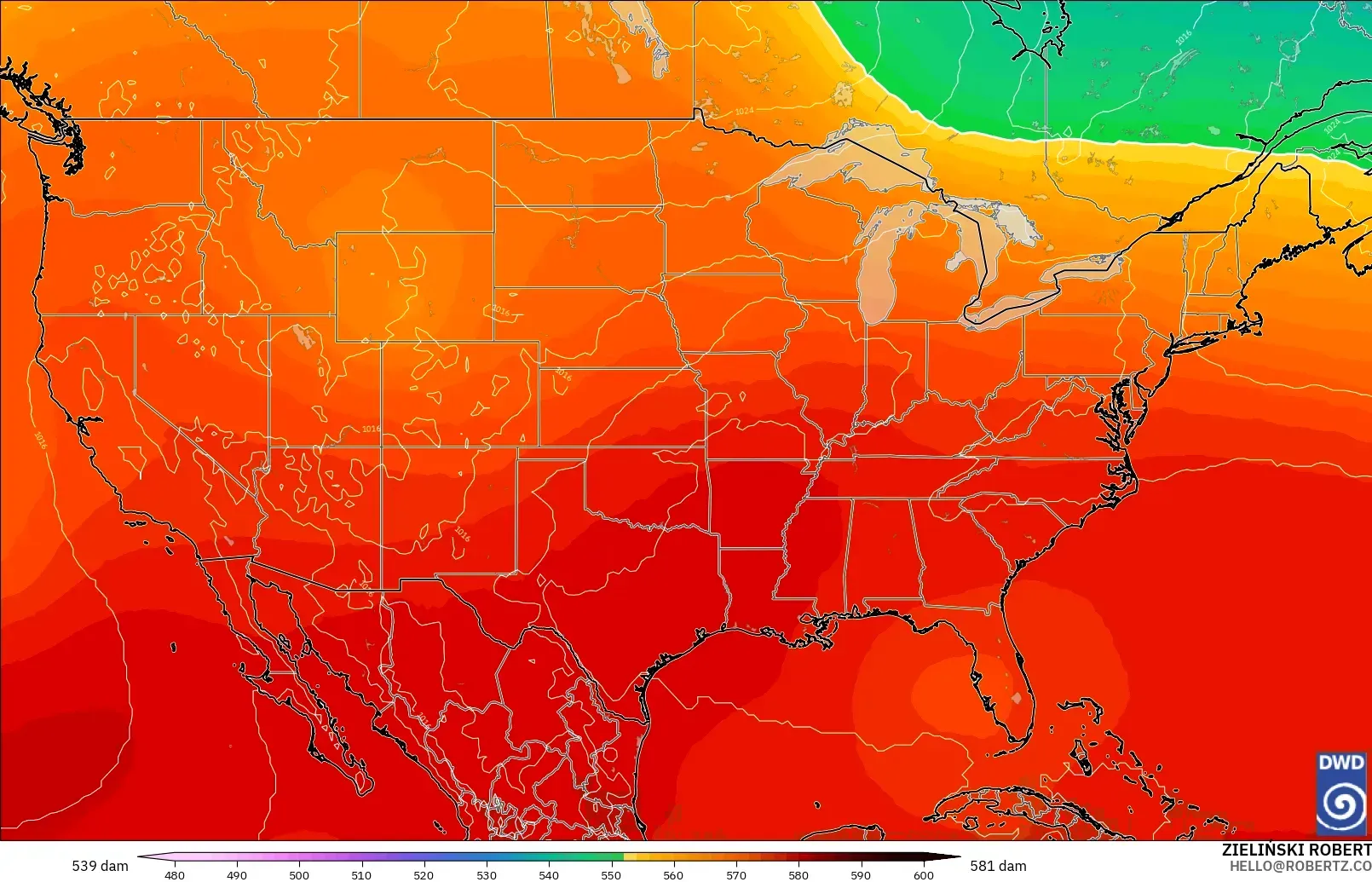 ICON modelo - Estados Unidos, Altura geopotencial a 500 hPa