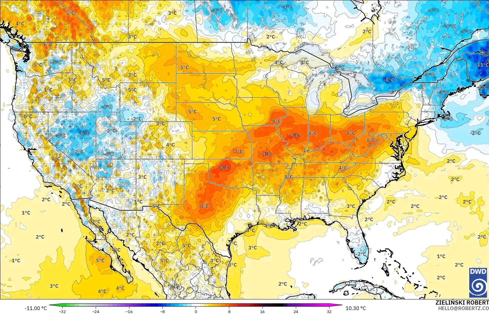 ICON modelo - Estados Unidos, Anomalia de temperatura a 2 m