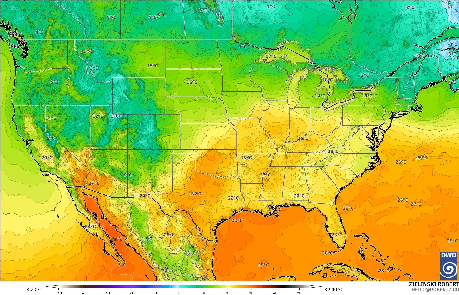 ICON modelo - Estados Unidos, Temperatura a 2 m