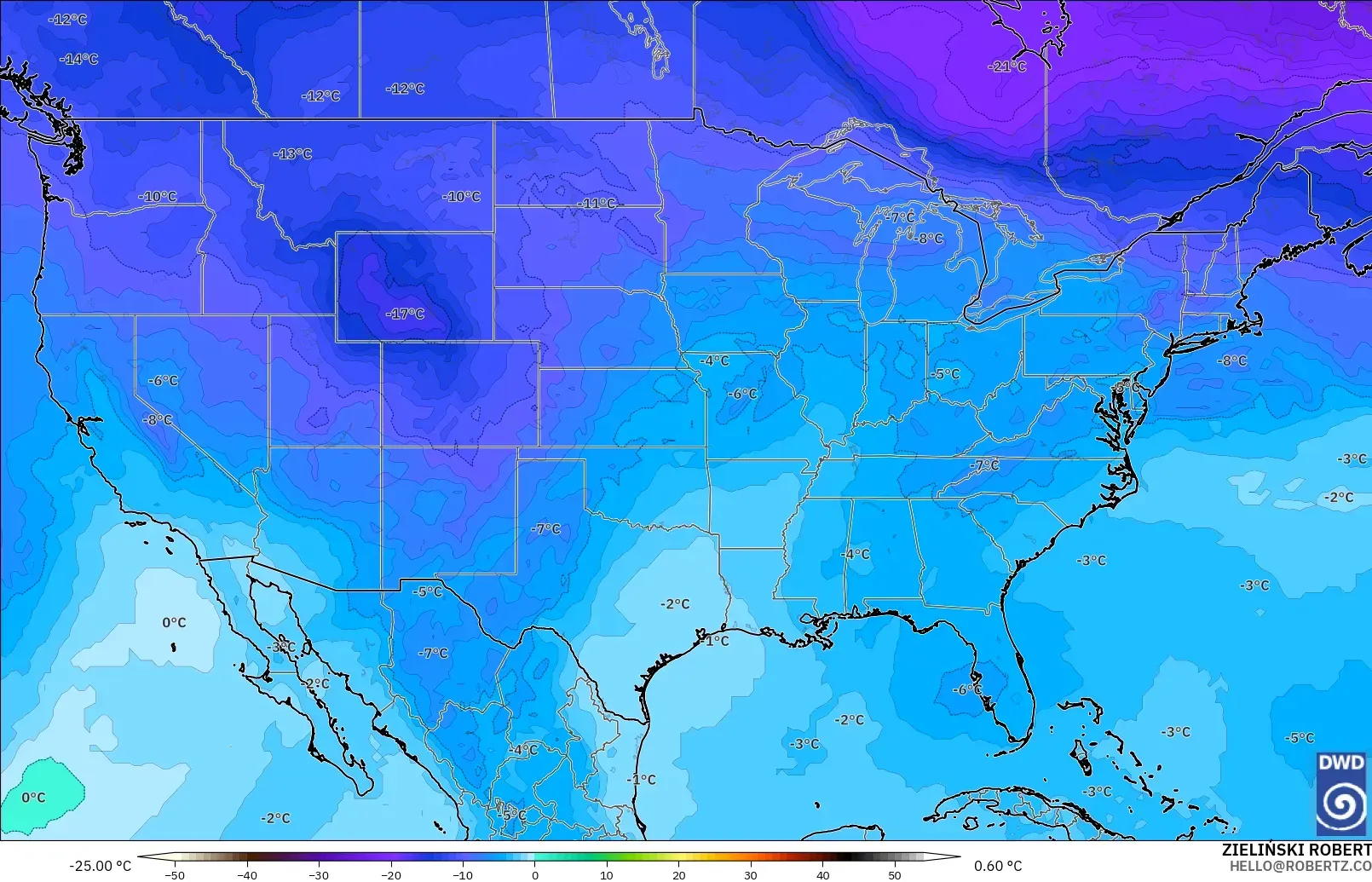 ICON modelo - Estados Unidos, Temperatura a 500 hPa