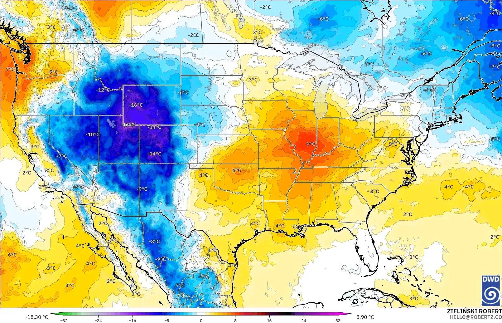 ICON modelo - Estados Unidos, Anomalia de temperatura a 850 hPa