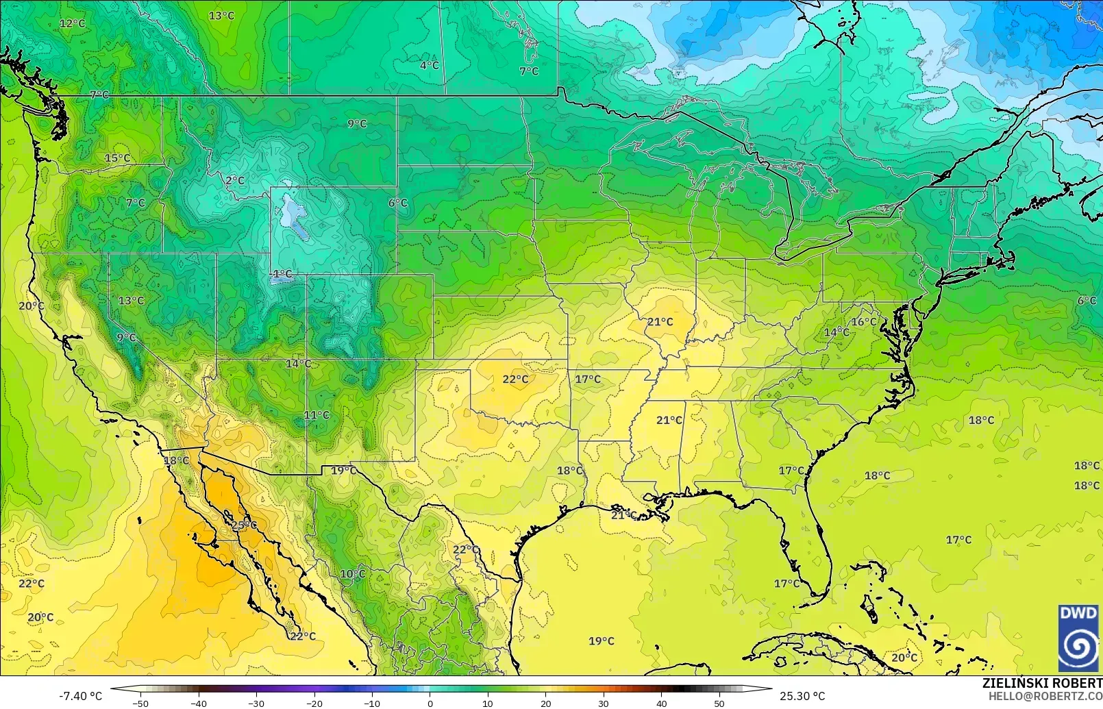 ICON modelo - Estados Unidos, Temperatura a 850 hPa