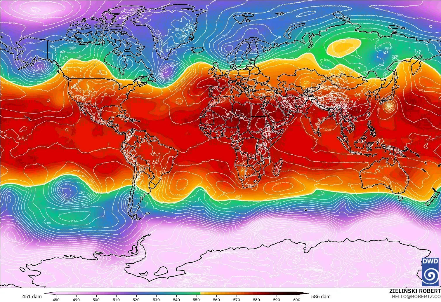 ICON modelo - Mundo, Altura geopotencial a 500 hPa