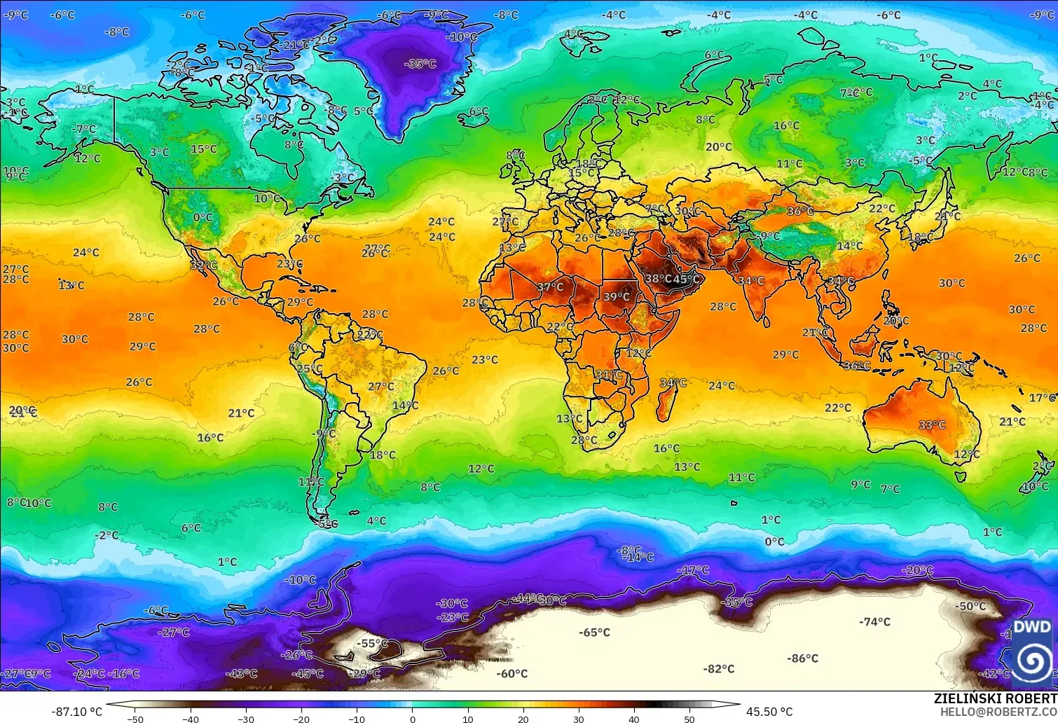 ICON modelo - Mundo, Temperatura a 2 m