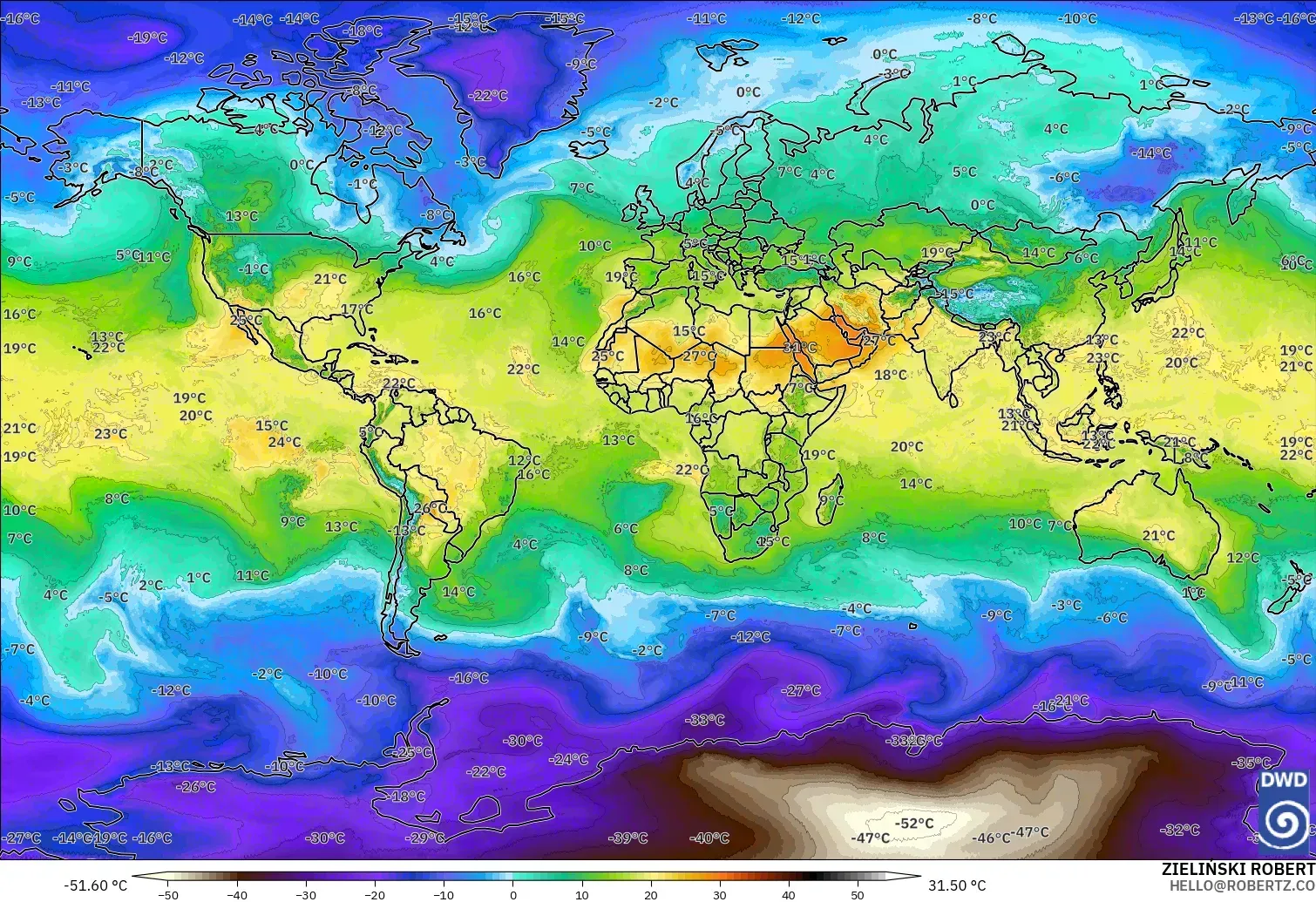 ICON modelo - Mundo, Temperatura a 850 hPa