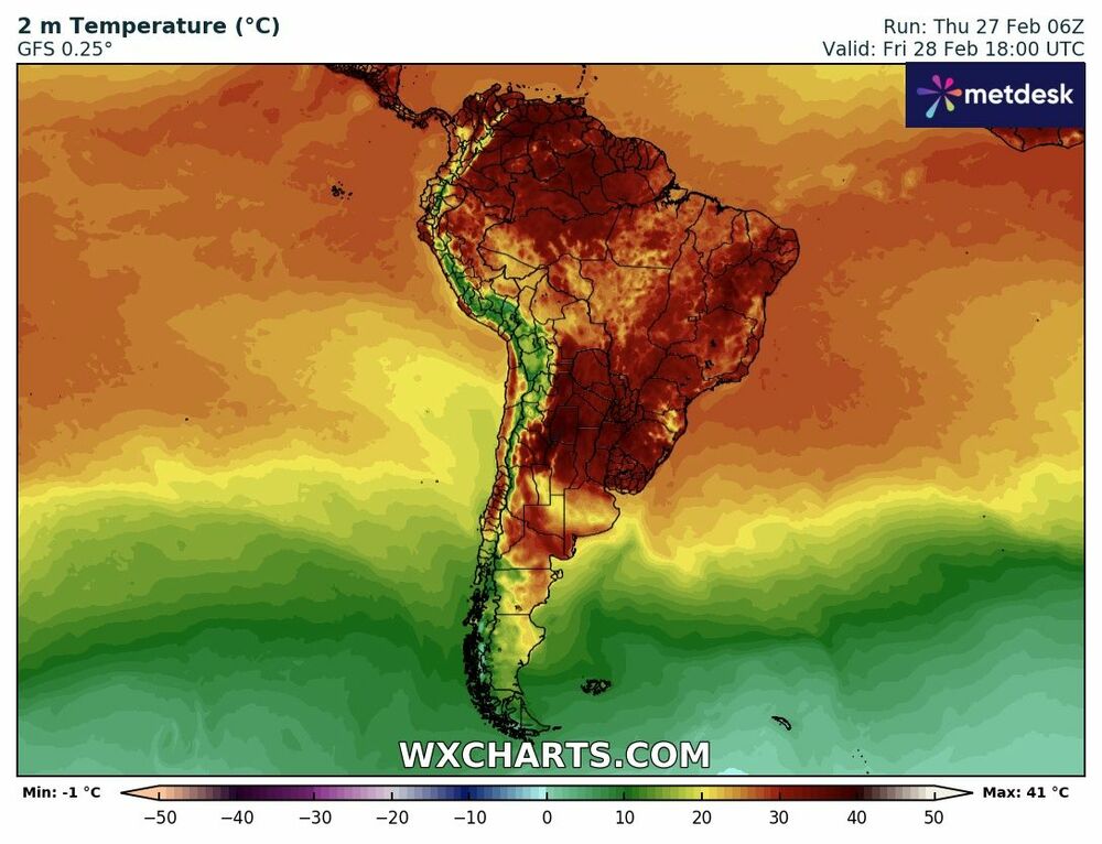Mapa de Temperatura do Brasil para 28 de Fevereiro de 2025