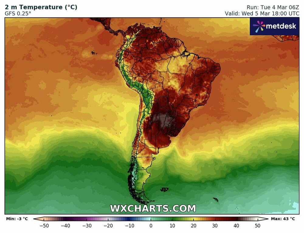 Mapa de Temperatura Máxima – Brasil | 5 de Março de 2025