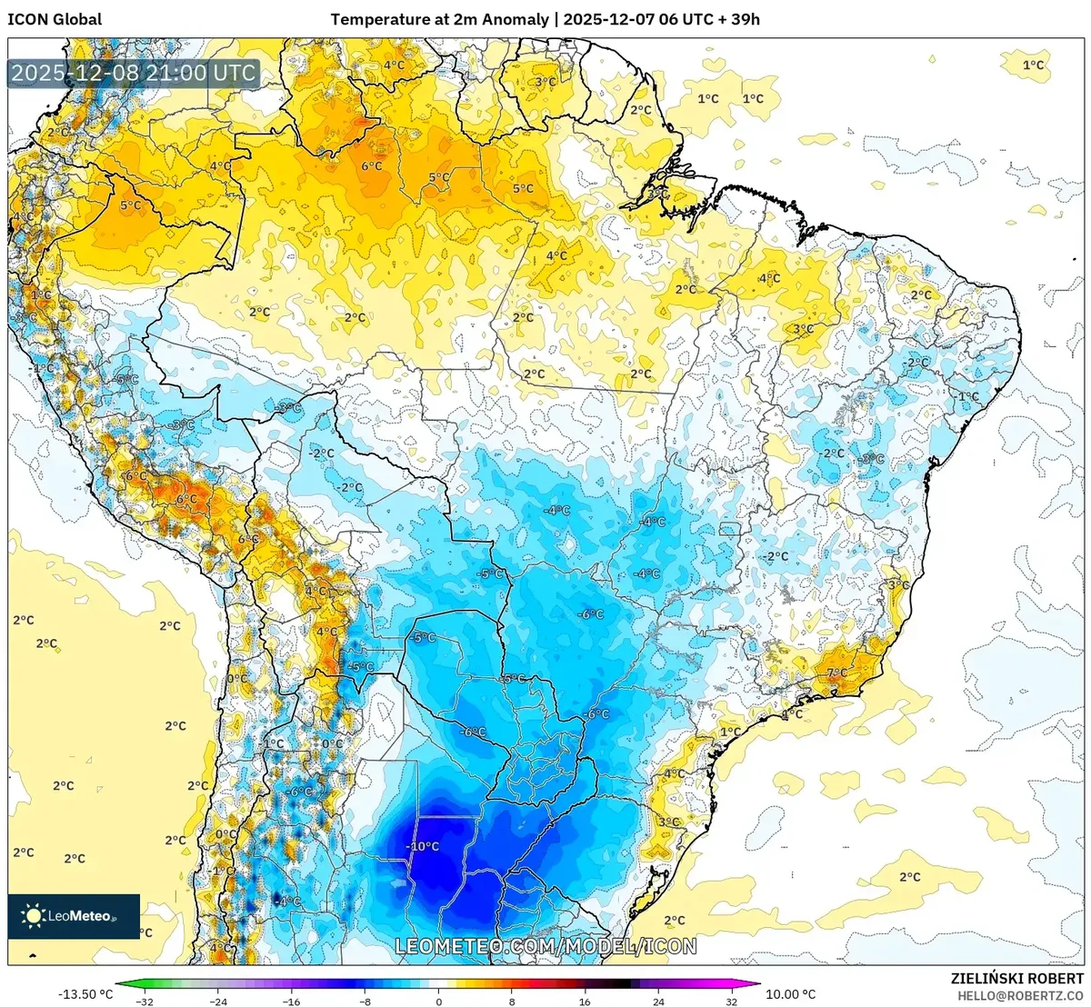 Mapa de Anomalia de Temperatura do Brasil – 8 de Dezembro de 2025 Onda de Calor vs Previsão de Frente de Tempestade