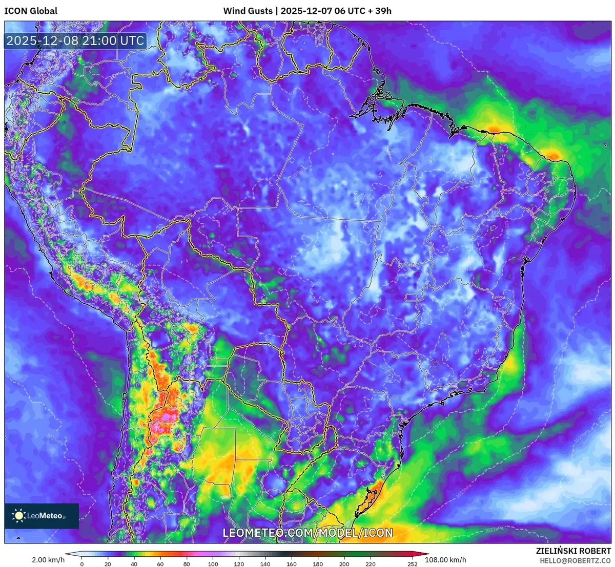 Previsão de Rajadas de Vento no Brasil em 8 de Dezembro de 2025 – Até 108 km/h Frente Fria