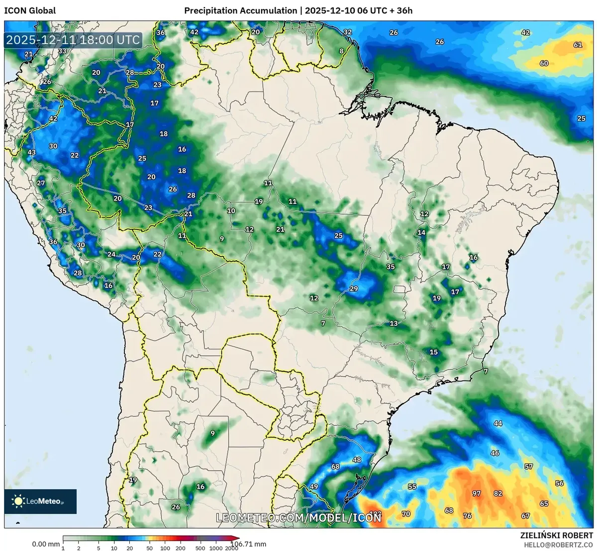 2025-12-10 Brazil Heavy Rain Forecast – Precipitation Accumulation Map