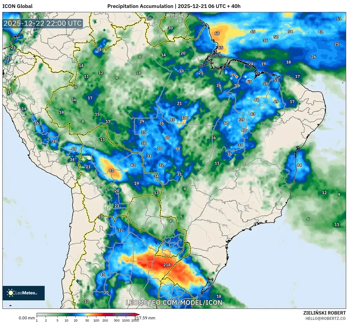 2025-12-21 Brasil Previsão de Acumulação de Chuva Forte – Até 45 mm de Precipitação