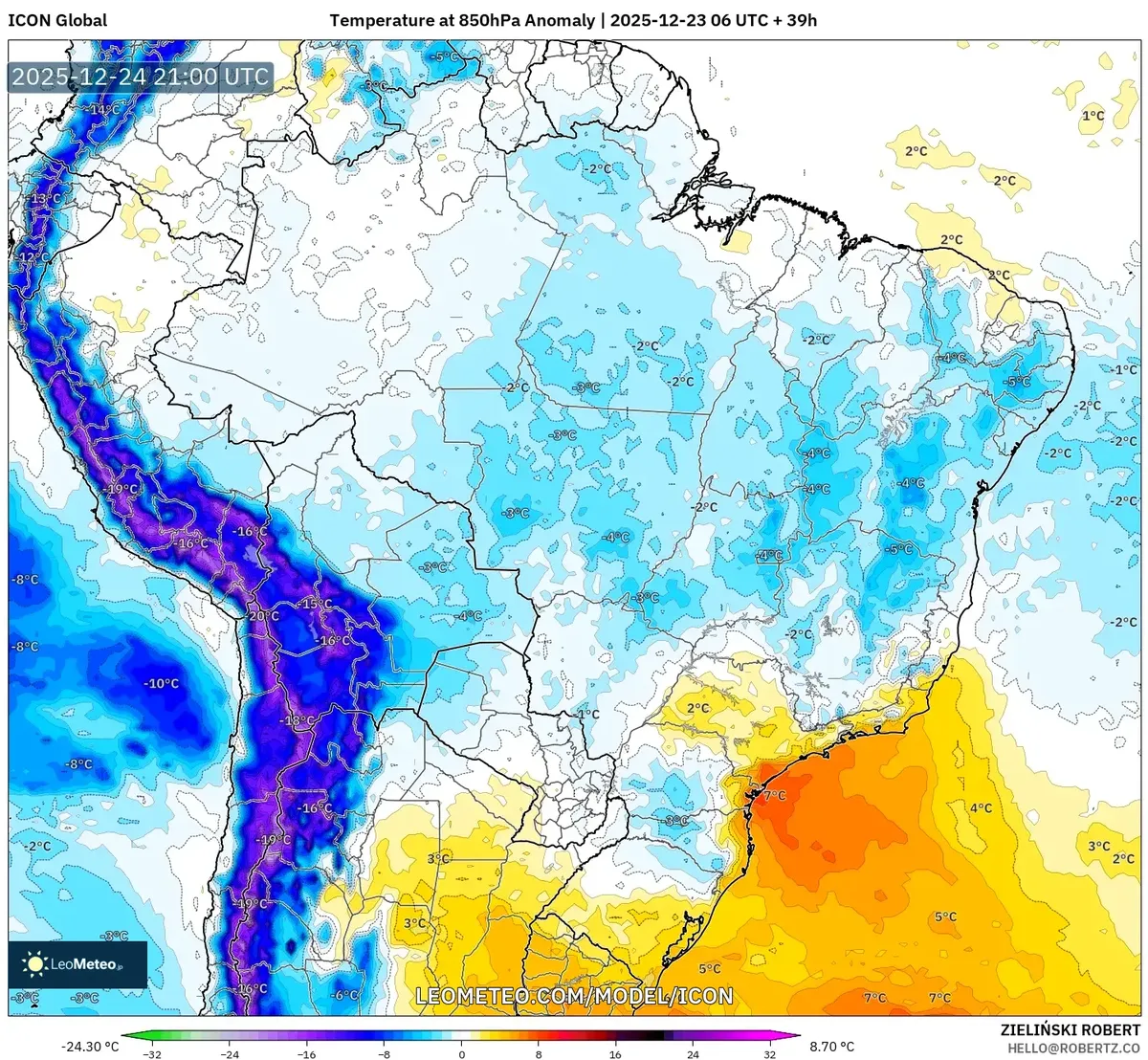 Anomalias de Temperatura Quente Sobre a Região Central 2025-12-24