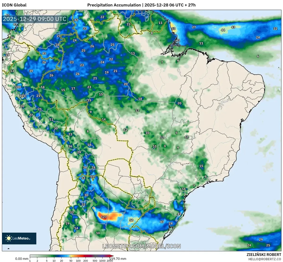 Chuva Acumulada no Sul do Brasil em 29 de Dezembro de 2025