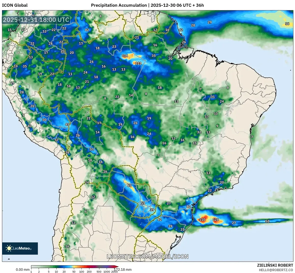 Precipitação nos pontos do Sudeste do Brasil em 31 de dezembro de 2025