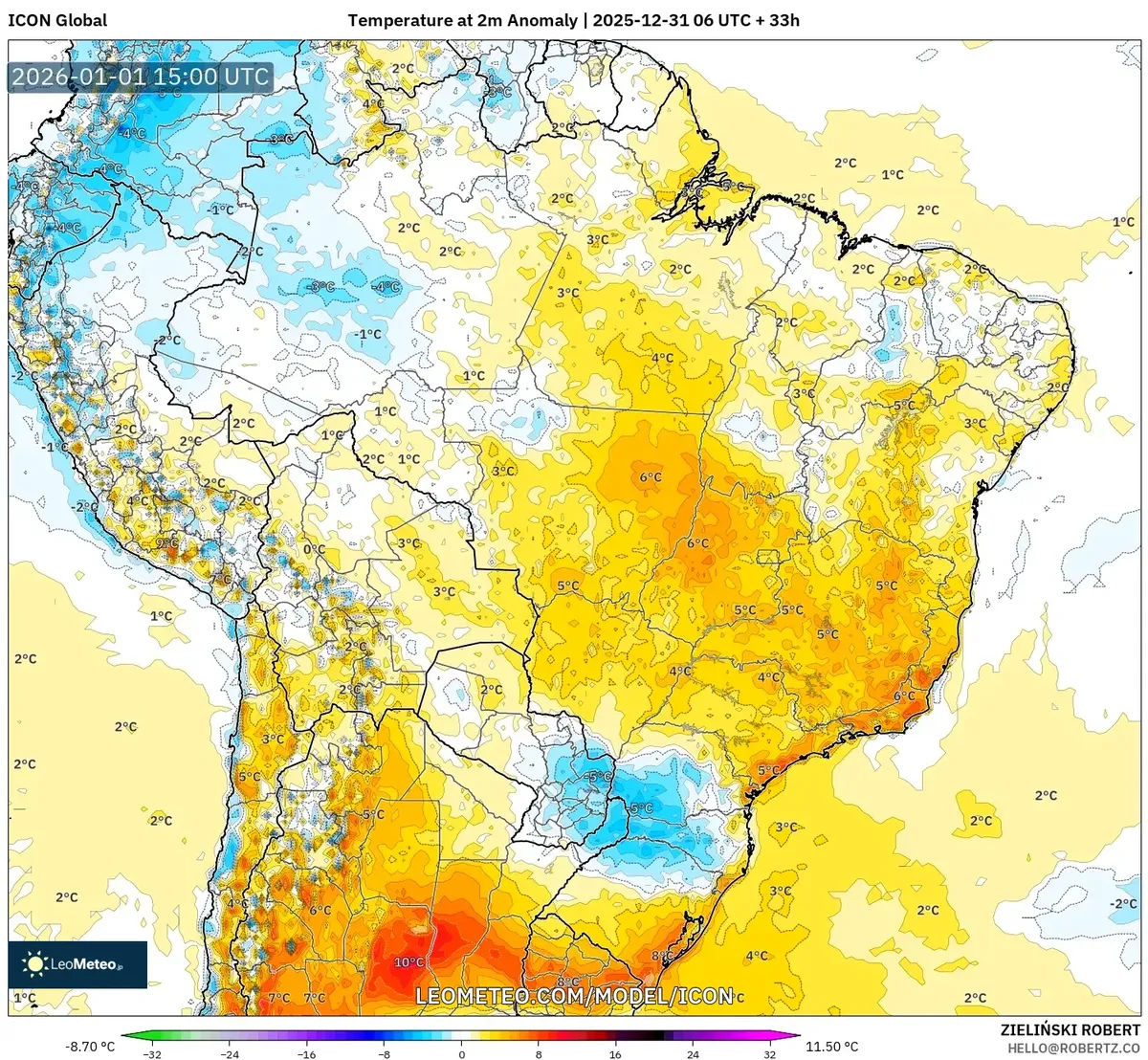 Anomalias de Temperatura Executando 1-3°C Acima do Normal em 1 de Janeiro de 2026