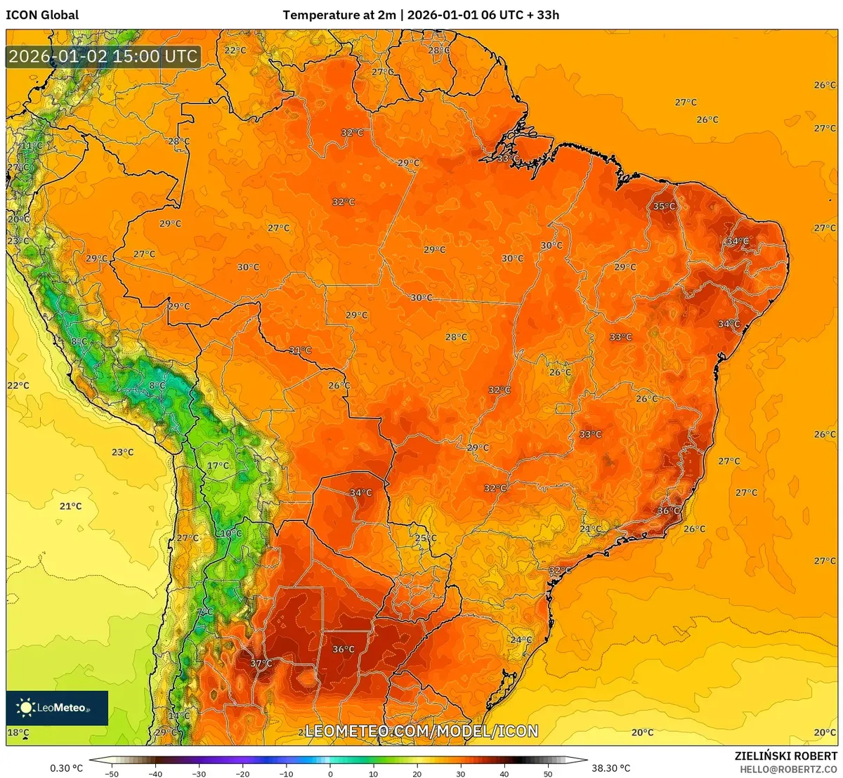 Temperaturas Máximas na Superfície em Todo o Brasil em 2 de Janeiro de 2026
