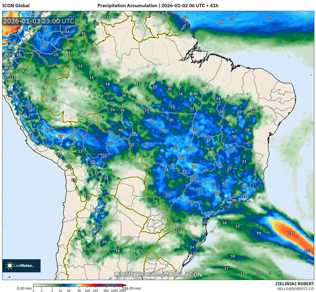 Chuva Forte Acumulada no Brasil Central em 3 de jan de 2026