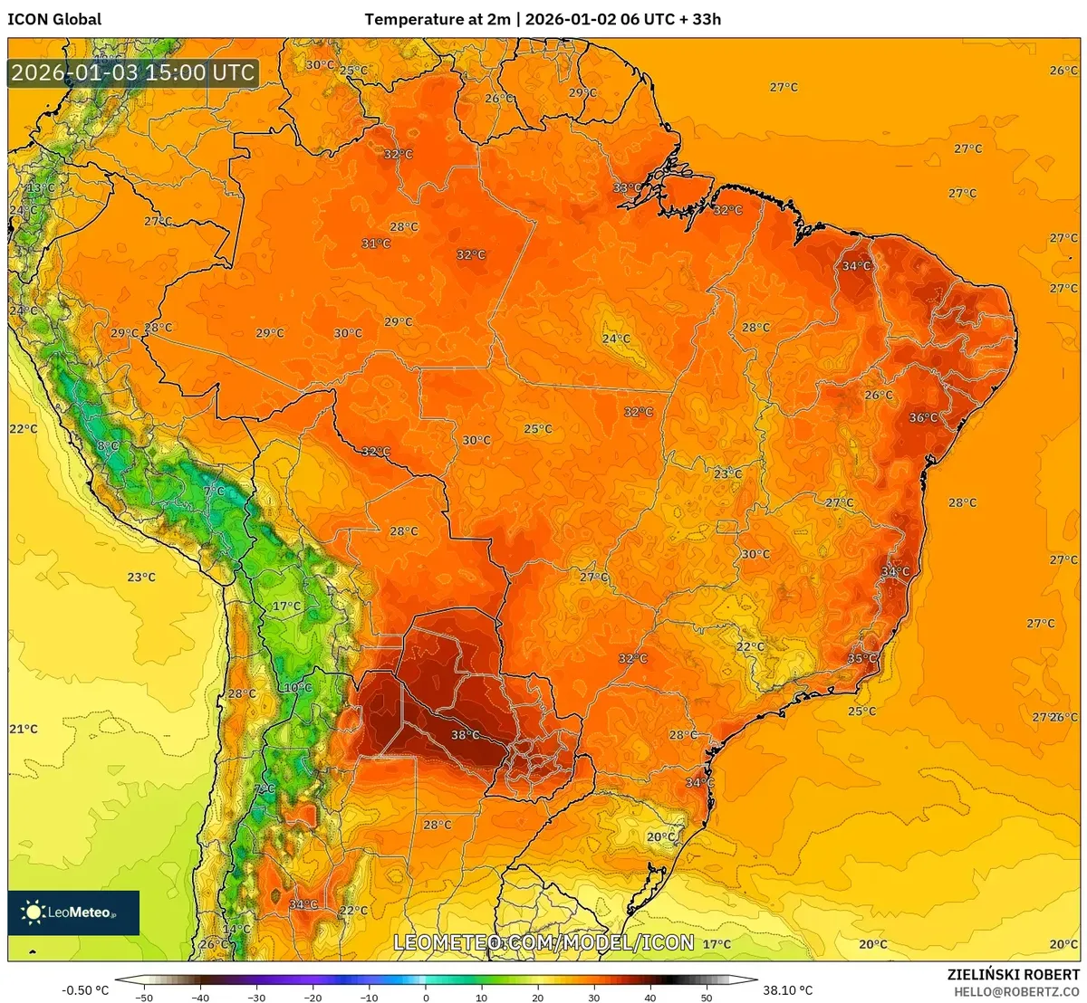 Pico de calor atingindo o Brasil central em 3 de jan de 2026