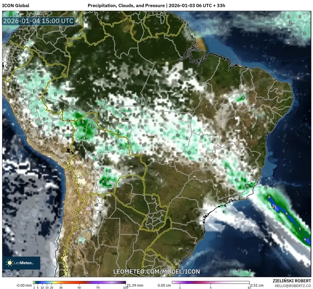 Cobertura de Nuvens e Precipitação em Todo o Brasil em 4 de Janeiro de 2026
