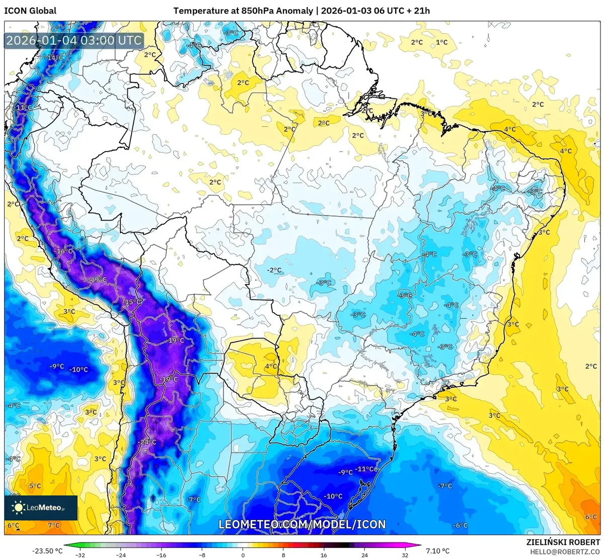 Anomalia de Temperatura a 850hPa em 4 de jan de 2026