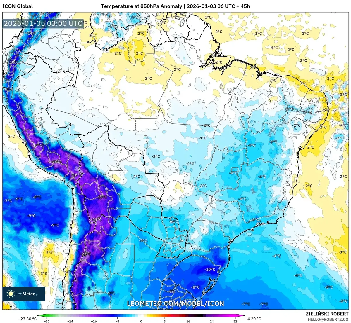 850hPa Anomalia de Temperatura em 5 de jan de 2026