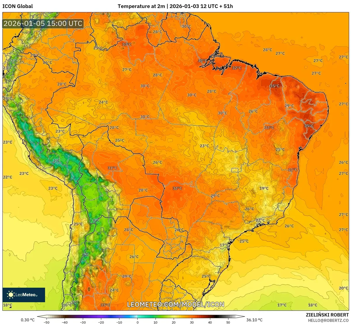 Temperaturas Máximas no Brasil Central em 5 de jan de 2026