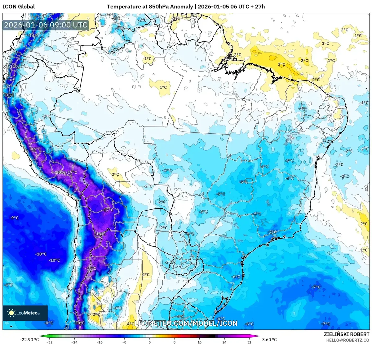 Anomalia de Temperatura do Brasil Central em 6 de jan de 2026