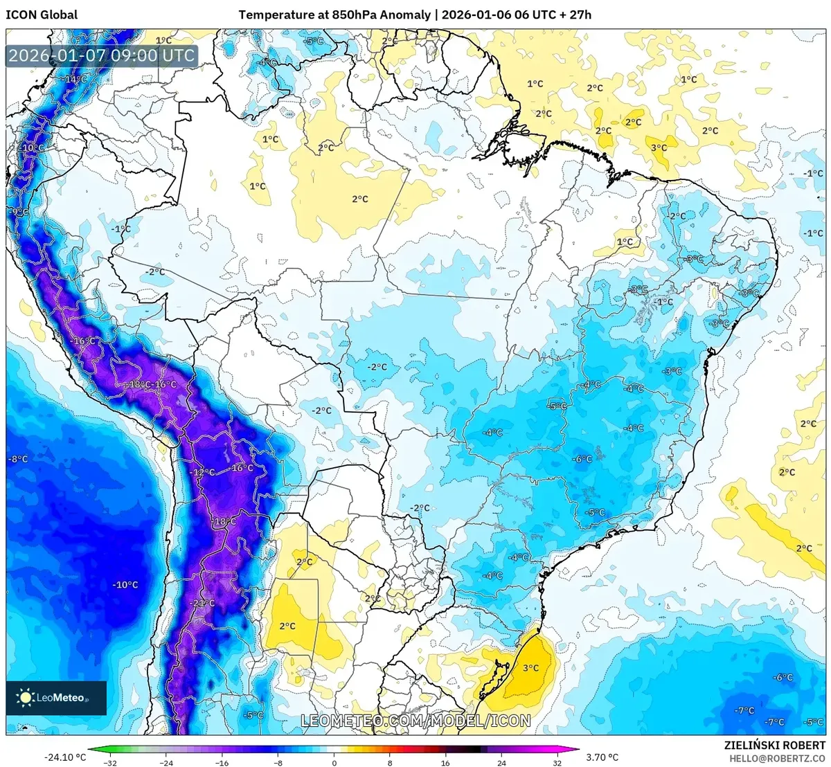 Anomalia de Temperatura em 850 hPa no Sul do Brasil em 7 de Janeiro de 2026