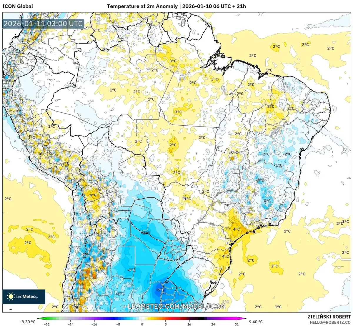 Mapa de Anomalia de Temperatura – 11 de janeiro de 2026
